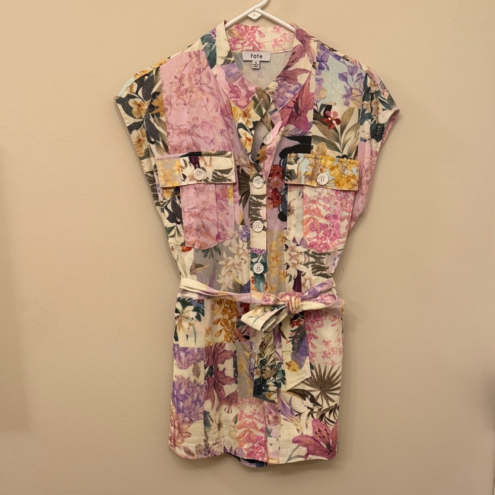 Linen Floral Button-Up Romper with Belt